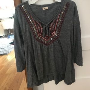 Gray Embroidered Peasant Top Women's